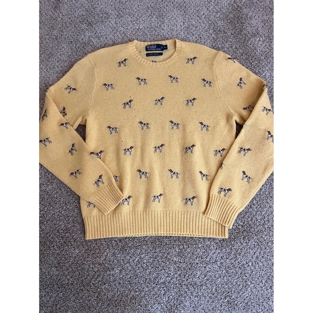 VTG 90s Polo Ralph Lauren Men Sweater XL Yellow Wool Embroidered Dog Pointer